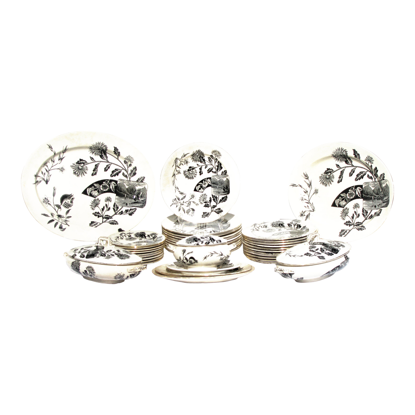 1881 English Aesthetic Movement Staffordshire Transferware Collection, 39 Pieces