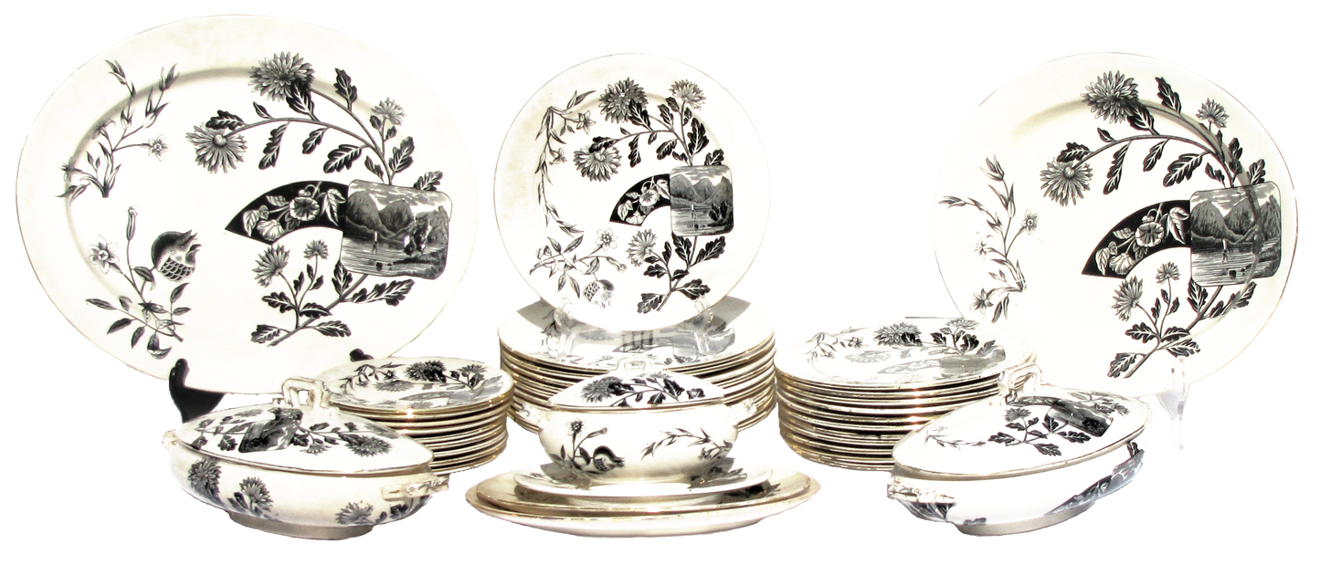 1881 English Aesthetic Movement Staffordshire Transferware Collection, 39 Pieces