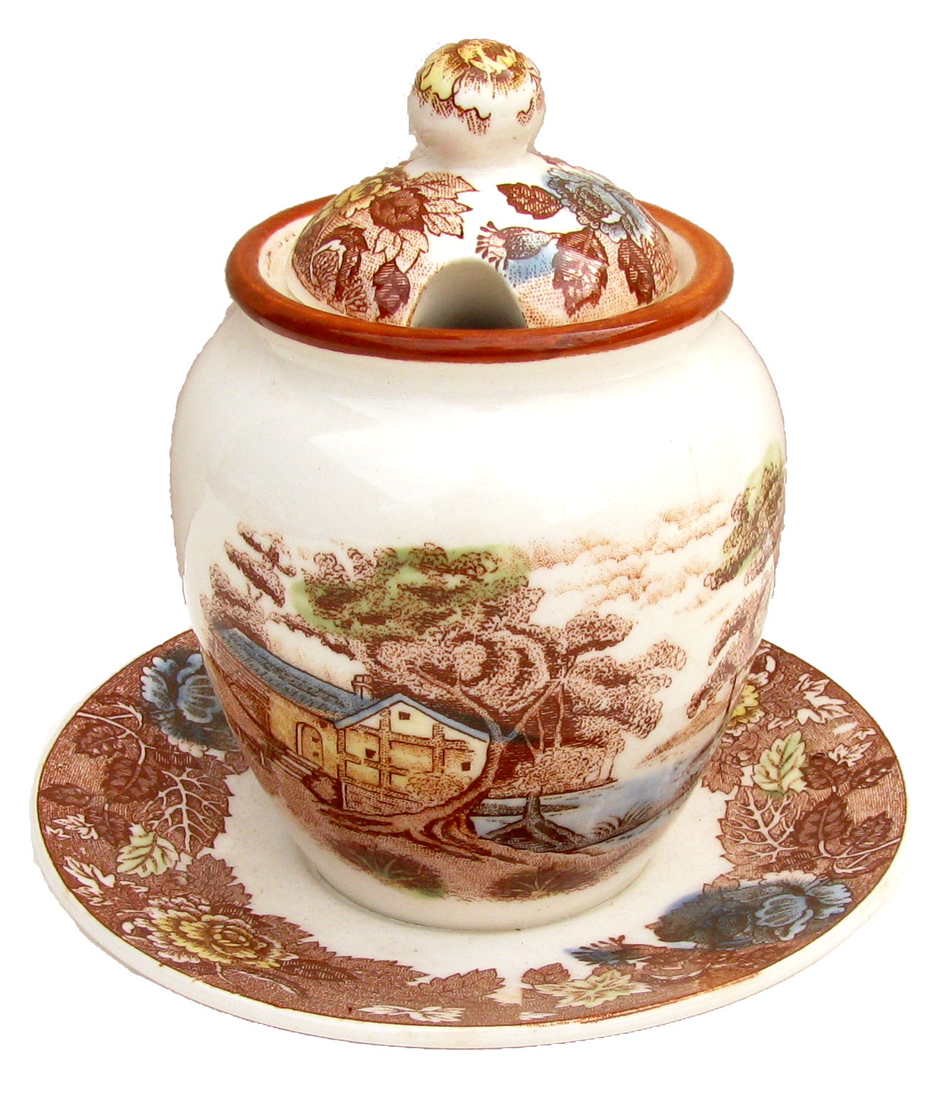 1940s Transferware Mustard / Jam Jar With Underplate