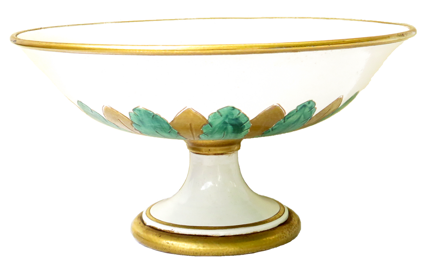 1950s Ugo Zaccagnini Italian Green & Gilt Porcelain Footed Compote / Tazza