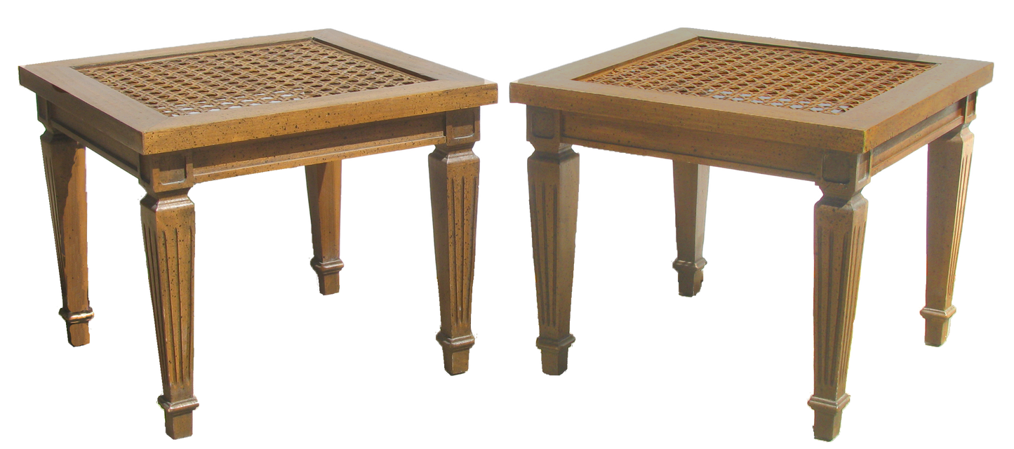 1970s Regency Style Wood & Cane Accent Tables, Pair