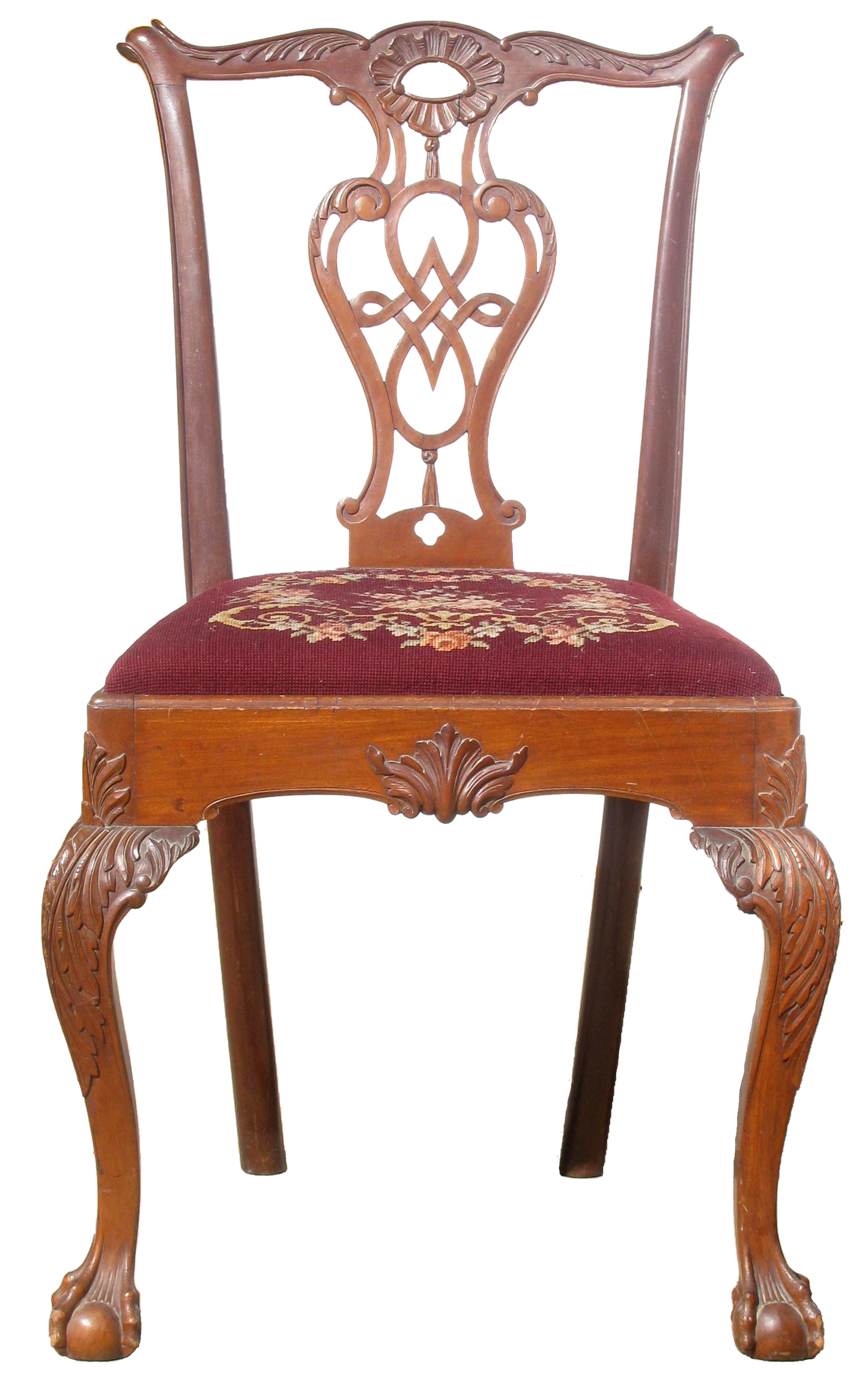 19th C. Antique English Chippendale Ball & Claw / Needlepoint Accent Chair