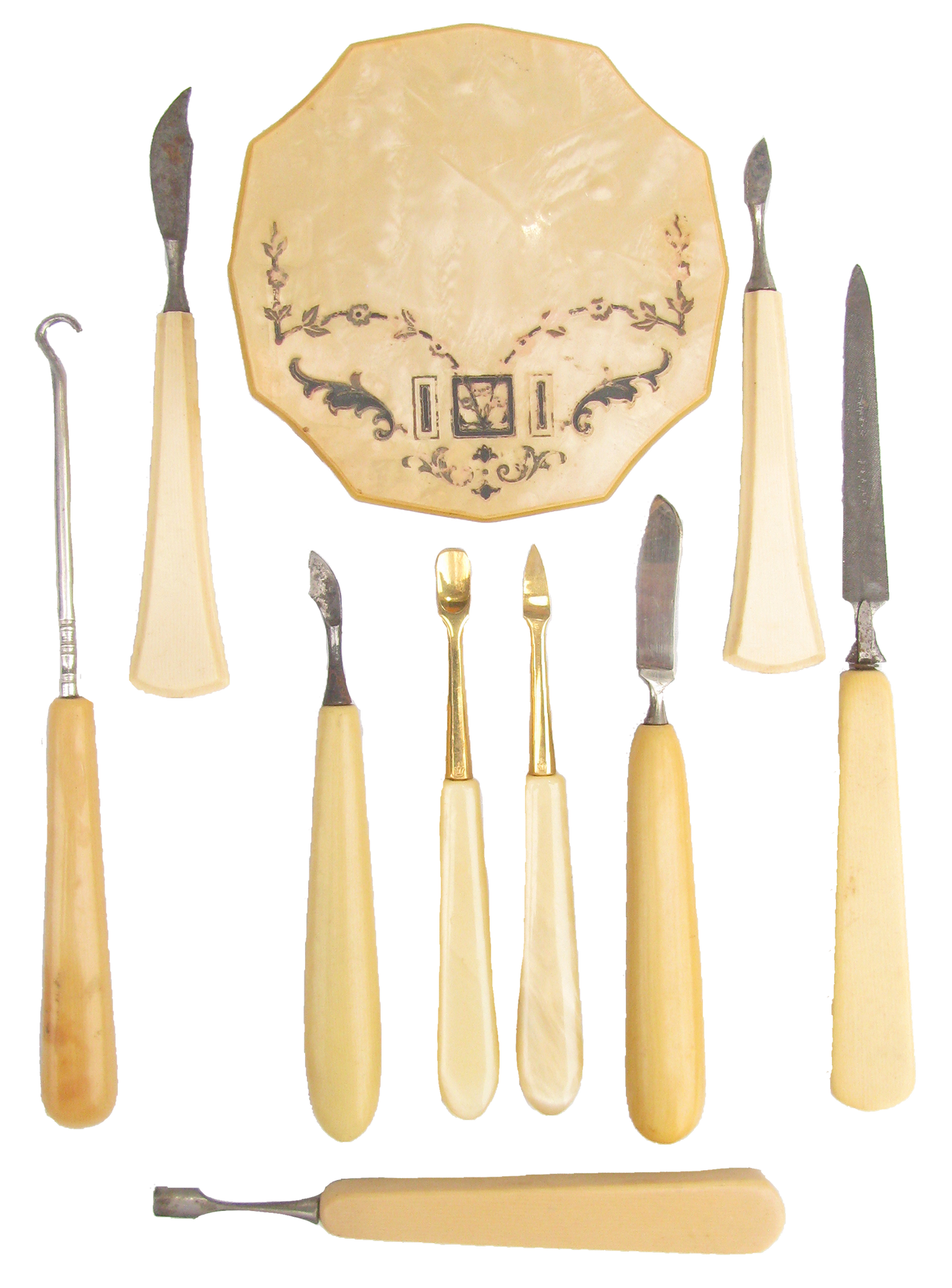Antique French Ivory & Celluloid Vanity Collection, Set of 10