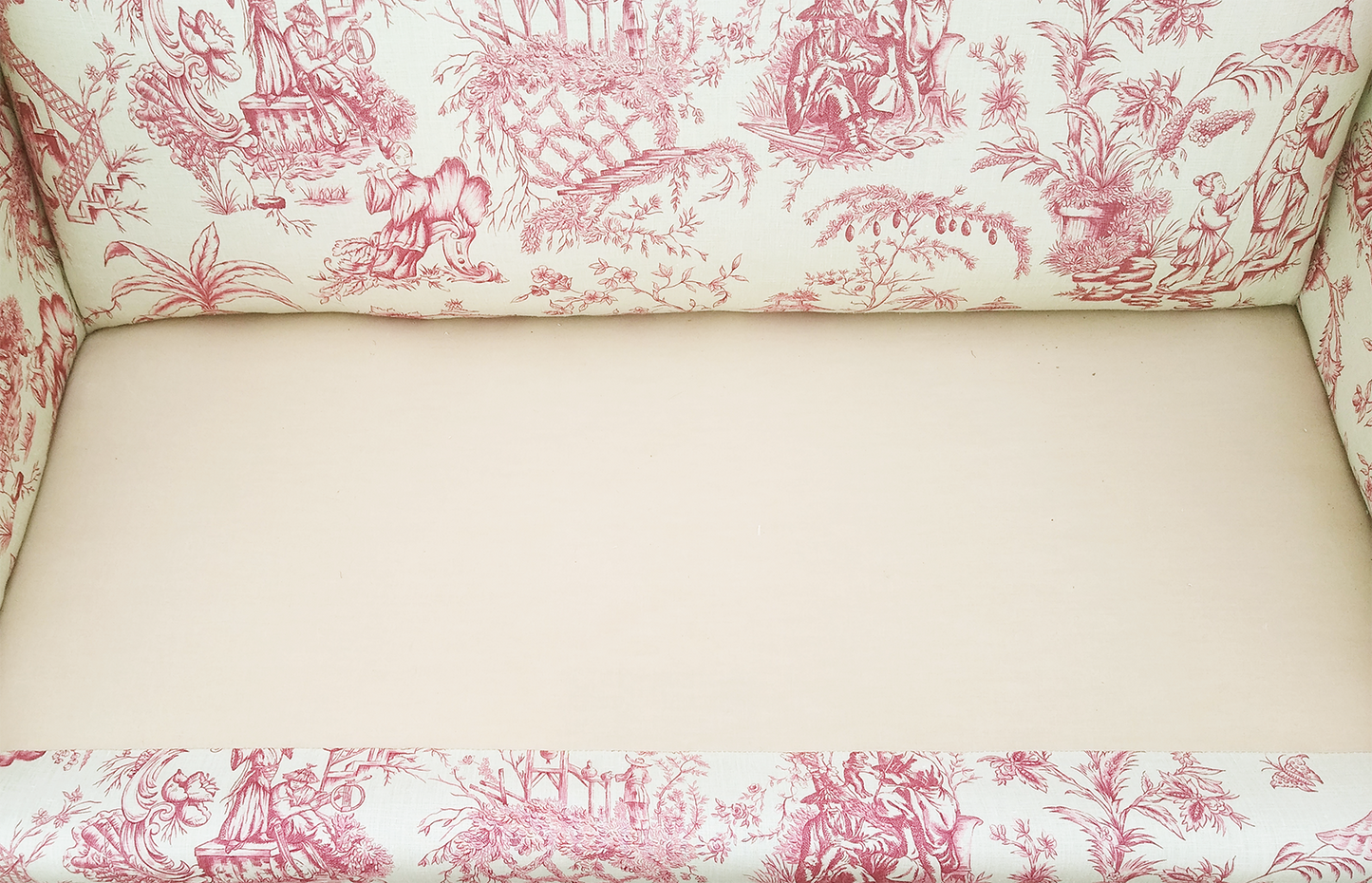 Chippendale Camelback Loveseat W/ New Vervain Chinoiserie Linen Toile Upholstery