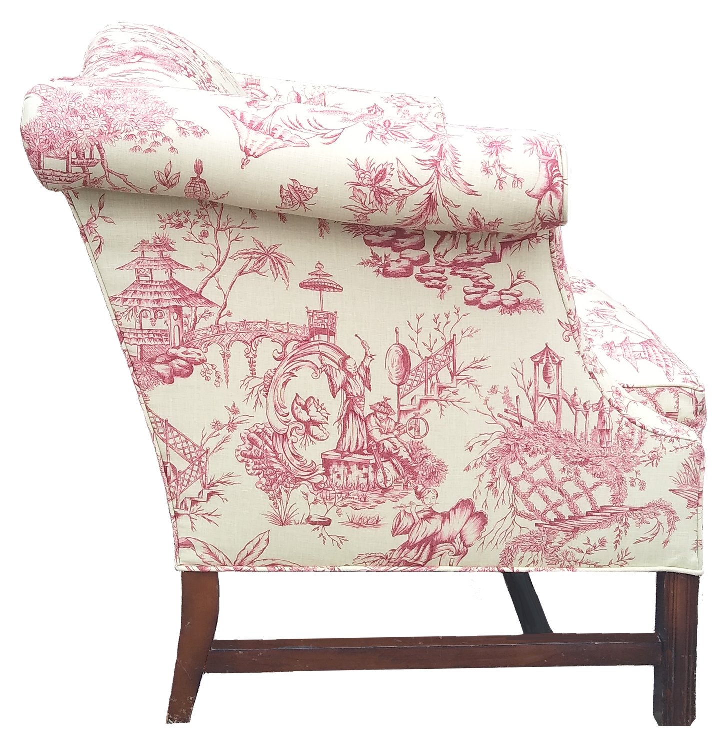 Chippendale Camelback Loveseat W/ New Vervain Chinoiserie Linen Toile Upholstery