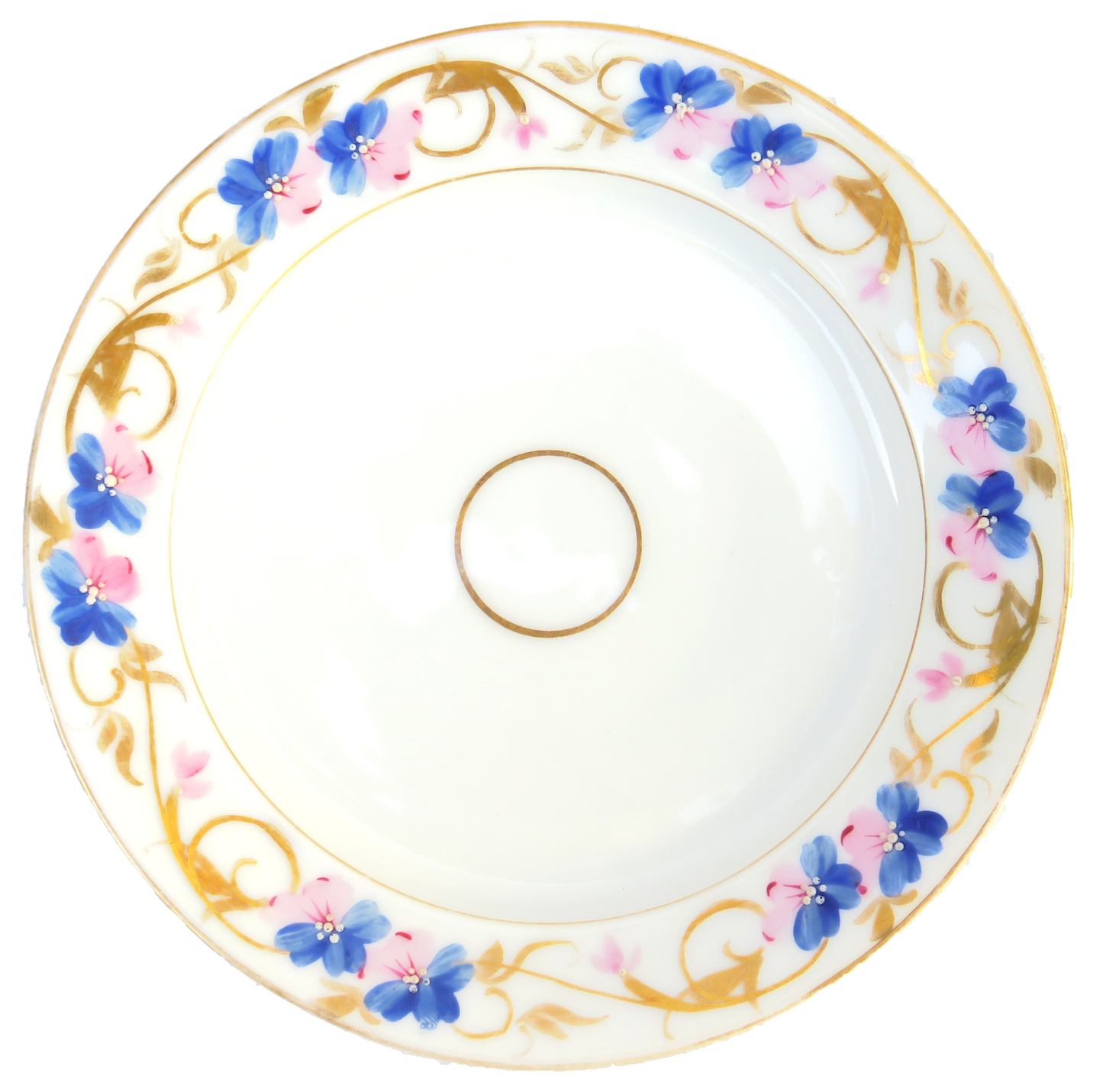 Early 20th Century Handpainted Blue / Pink / Gilt Porcelain Plates & Bowls, Set of 15