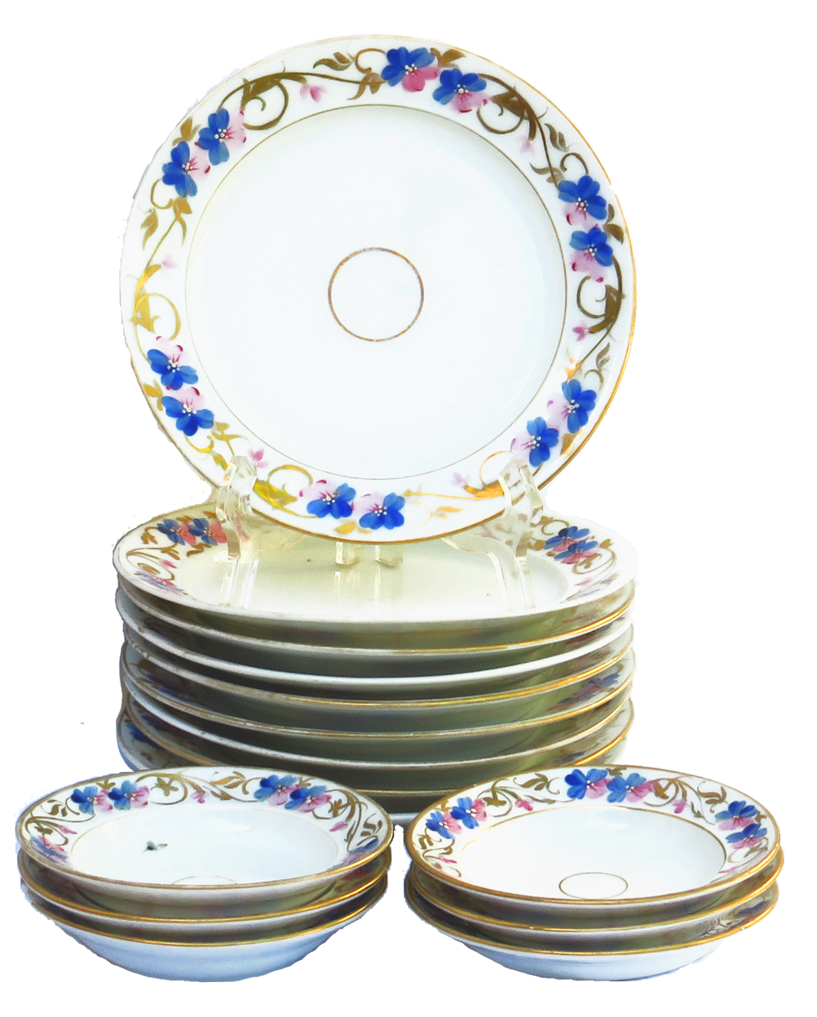 Early 20th Century Handpainted Blue / Pink / Gilt Porcelain Plates & Bowls, Set of 15