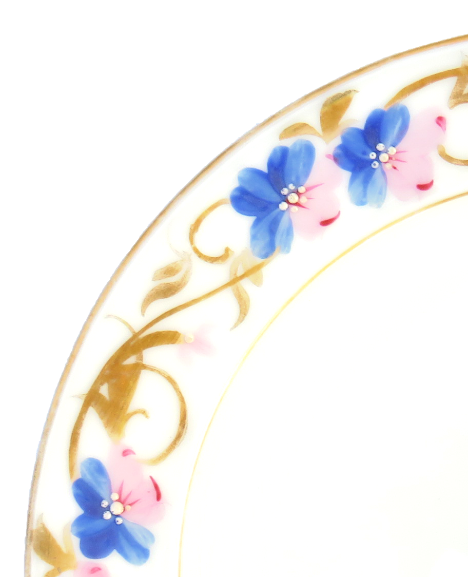 Early 20th Century Handpainted Blue / Pink / Gilt Porcelain Plates & Bowls, Set of 15