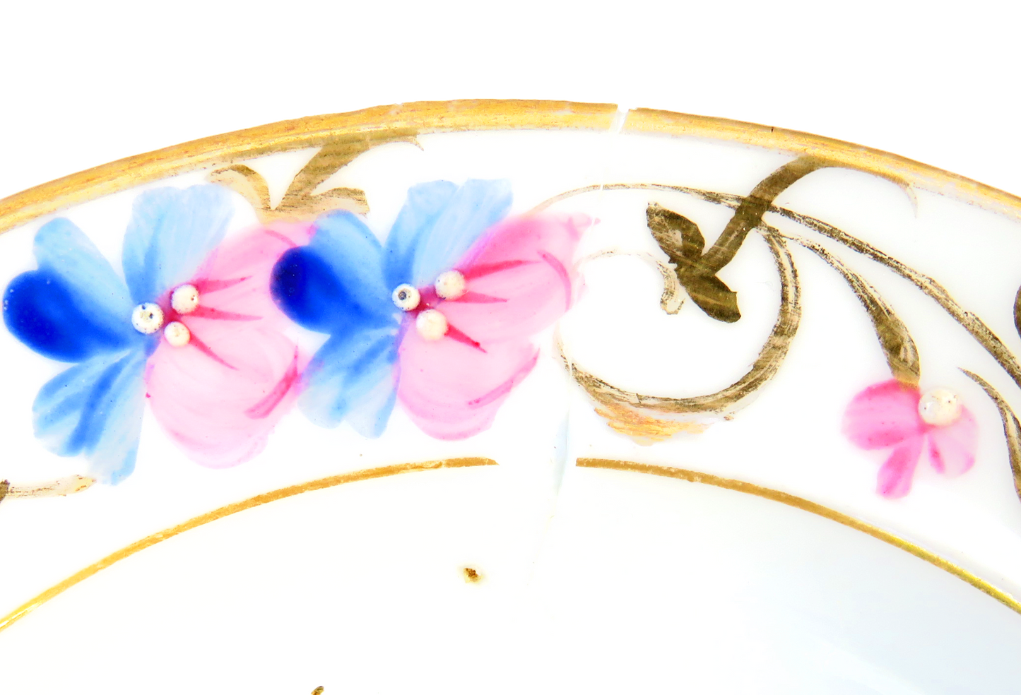 Early 20th Century Handpainted Blue / Pink / Gilt Porcelain Plates & Bowls, Set of 15