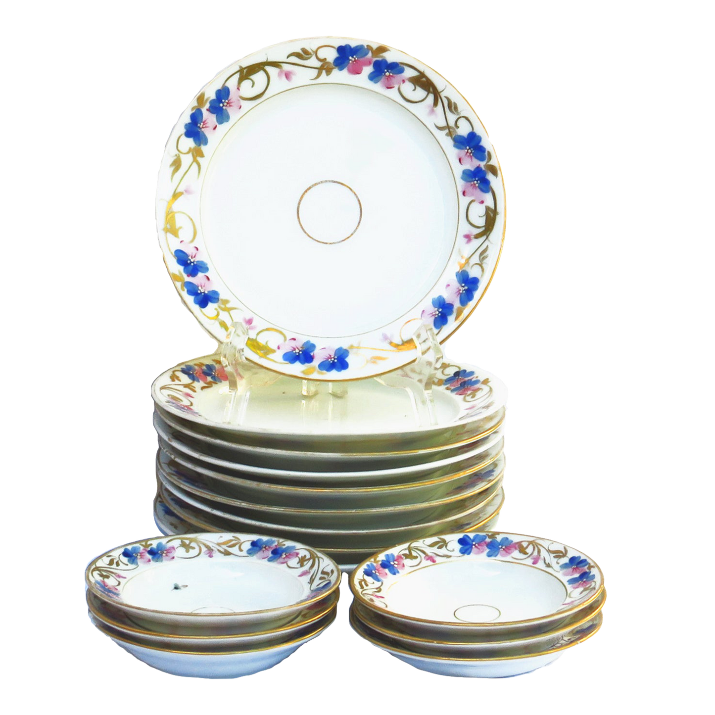 Early 20th Century Handpainted Blue / Pink / Gilt Porcelain Plates & Bowls, Set of 15