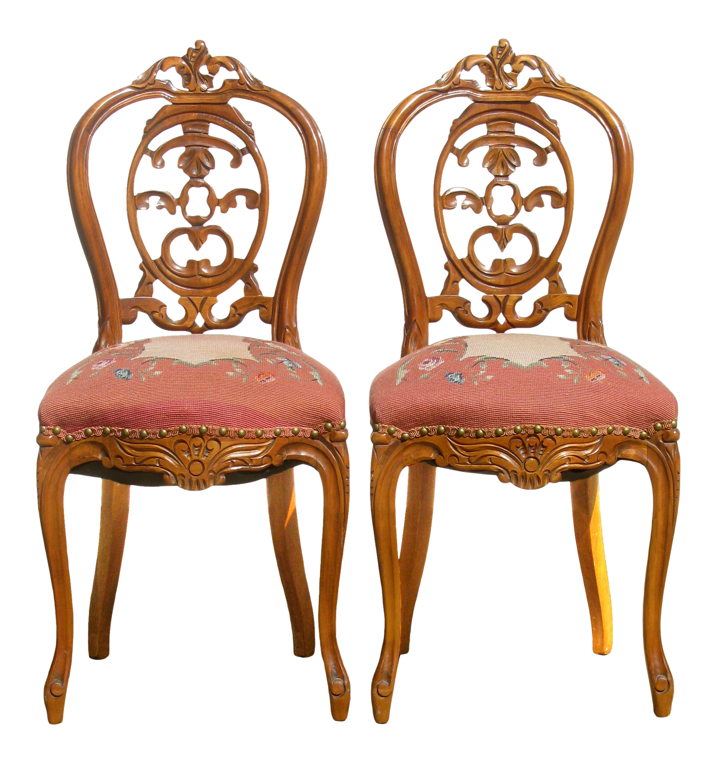 Early 20thC Carved Wood & Needlepoint Balloon Back Chairs, Pair
