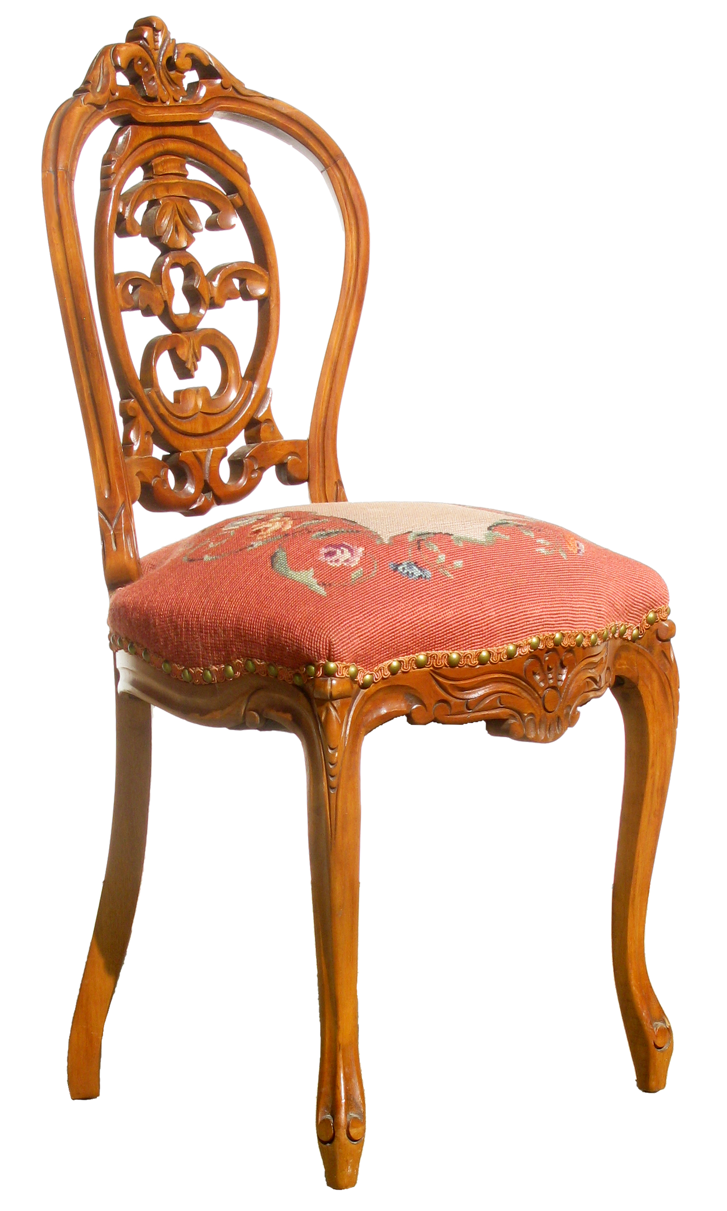 Early 20thC Carved Wood & Needlepoint Balloon Back Chairs, Pair