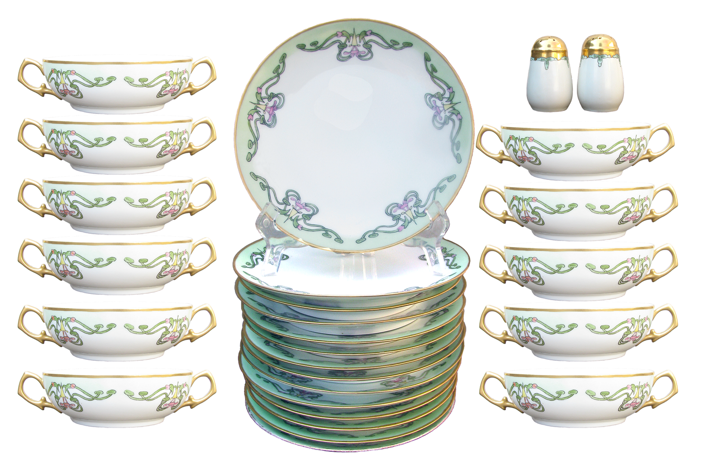 French Art Nouveau Porcelain Salad Plate & Soup Bowl Set , Set of 27