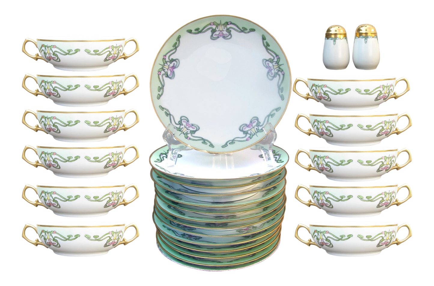 French Art Nouveau Porcelain Salad Plate & Soup Bowl Set , Set of 27