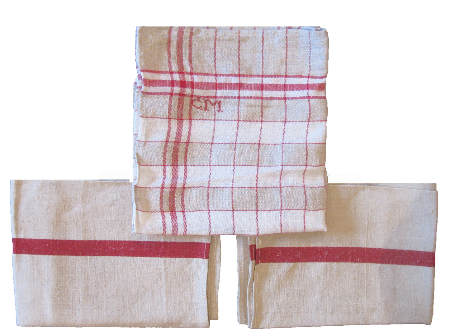 French Red & Taupe Linen Monogrammed Torchons, S/3