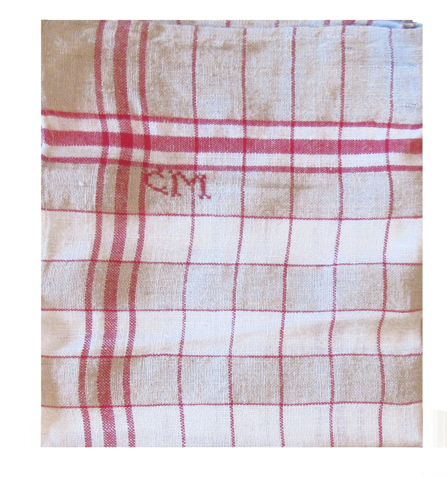 French Red & Taupe Linen Monogrammed Torchons, S/3