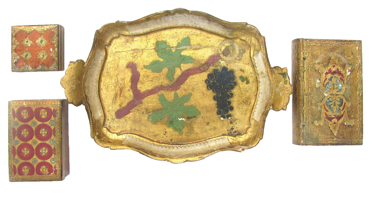 Mid-Century Italian Florentine Gilt Boxes & Tray, Set of 4