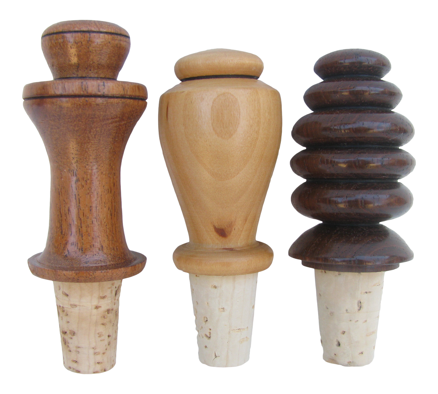 Vintage Artisan Turned Wood Bottle Stoppers, Set of 3