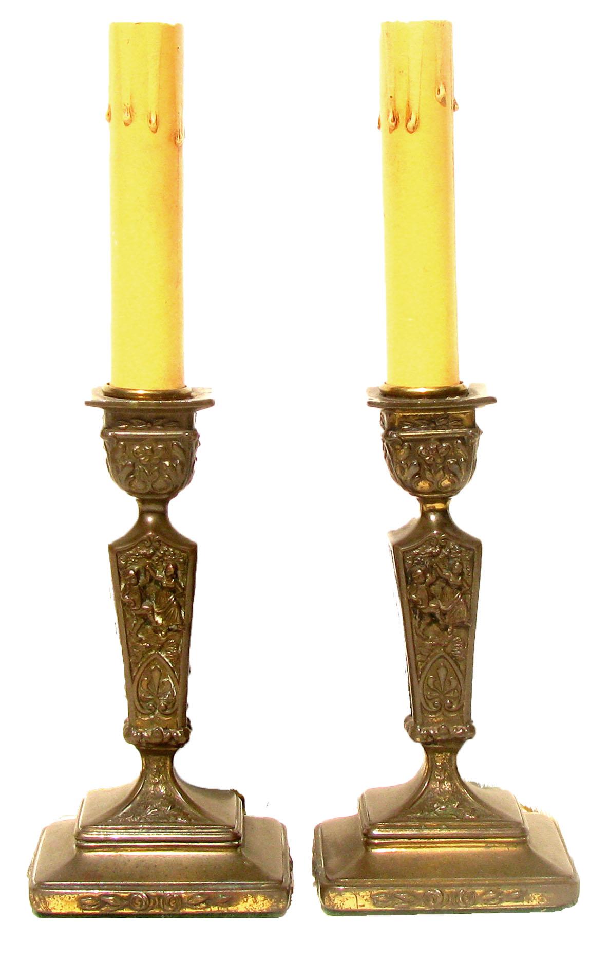 Vintage Bronze Candlestick Lamps, Pair