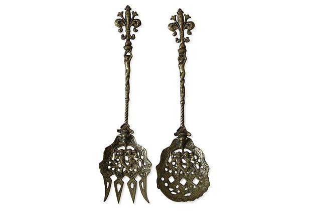 Vintage Italian Brass Salad Servers, A Pair