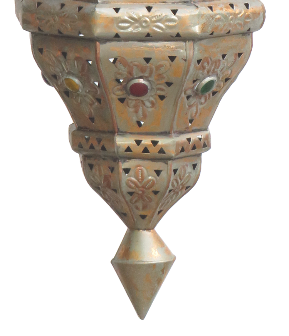 Vintage Moroccan Pierced Metal & Glass Jewel Lantern Pendant Light Fixture