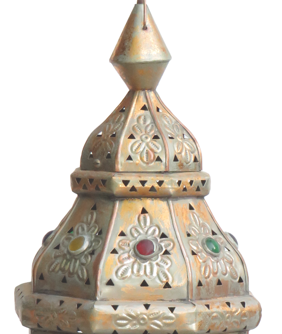 Vintage Moroccan Pierced Metal & Glass Jewel Lantern Pendant Light Fixture