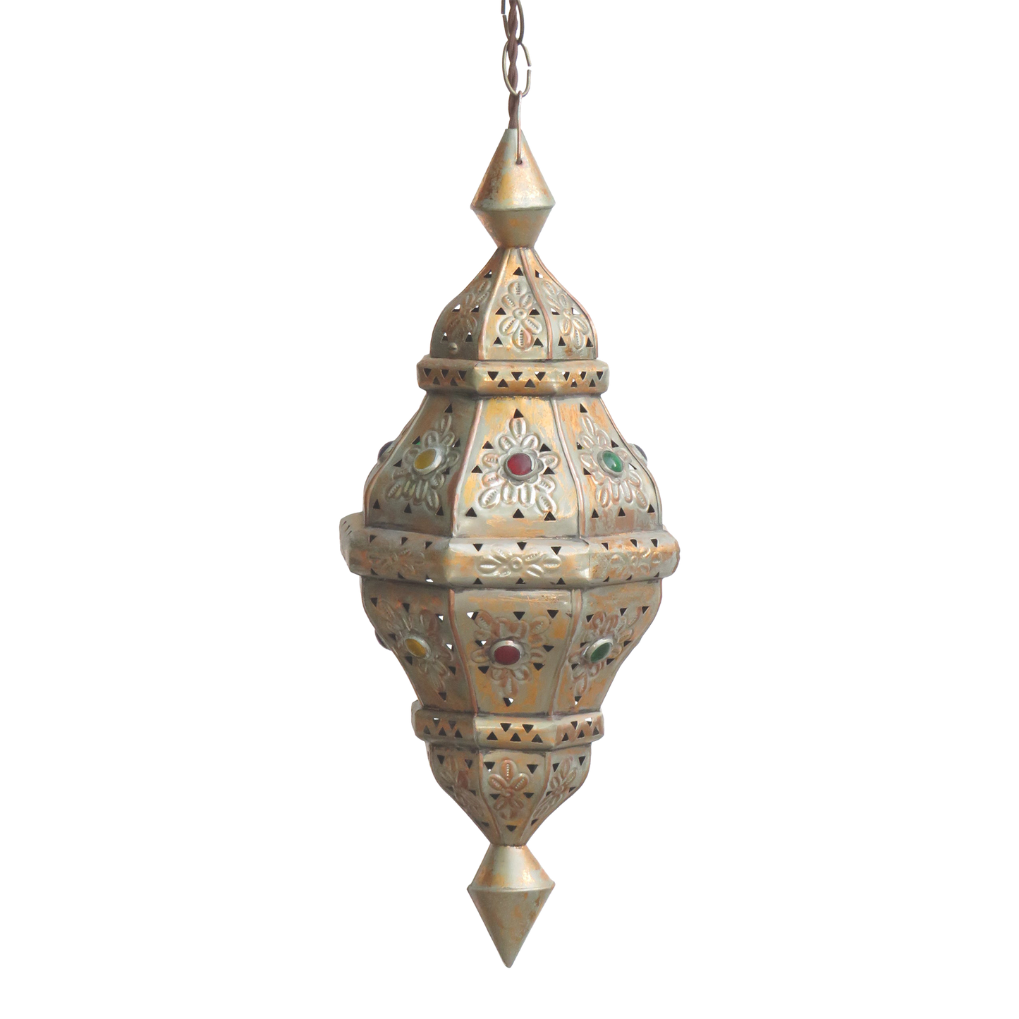 Vintage Moroccan Pierced Metal & Glass Jewel Lantern Pendant Light Fixture