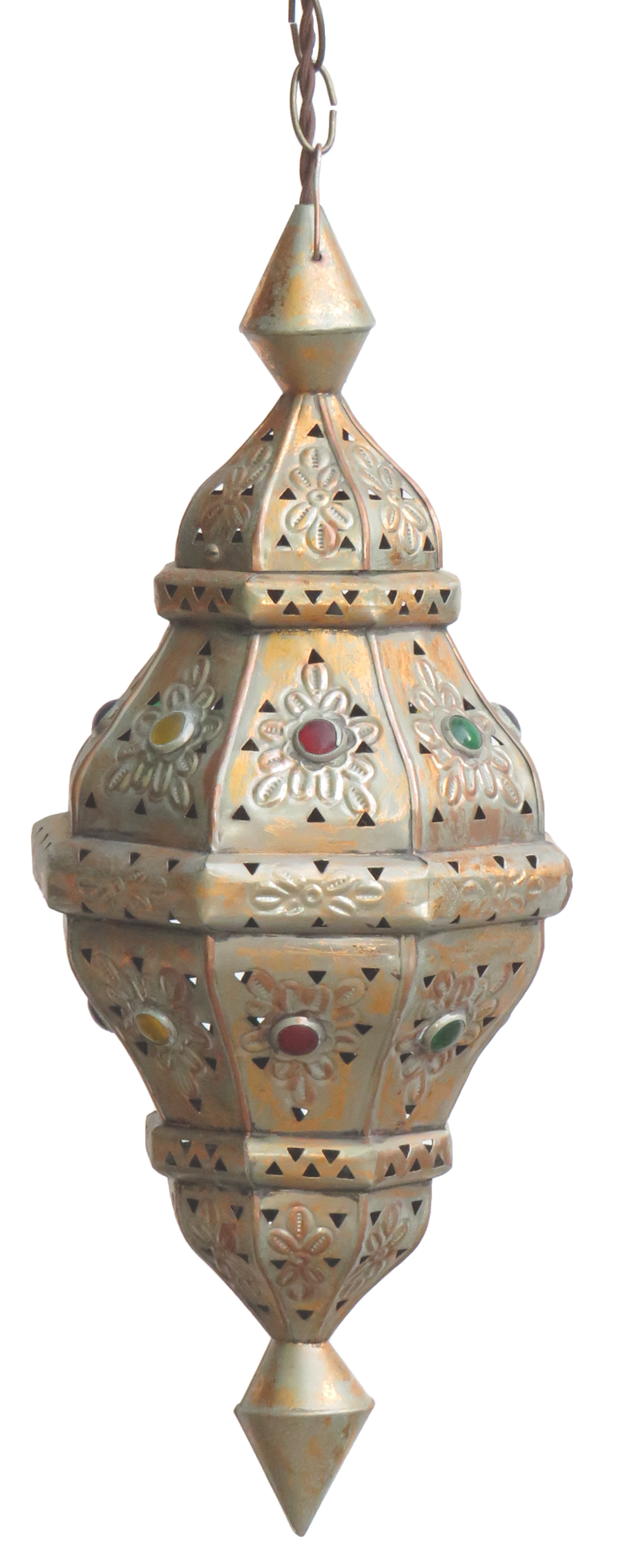 Vintage Moroccan Pierced Metal & Glass Jewel Lantern Pendant Light Fixture