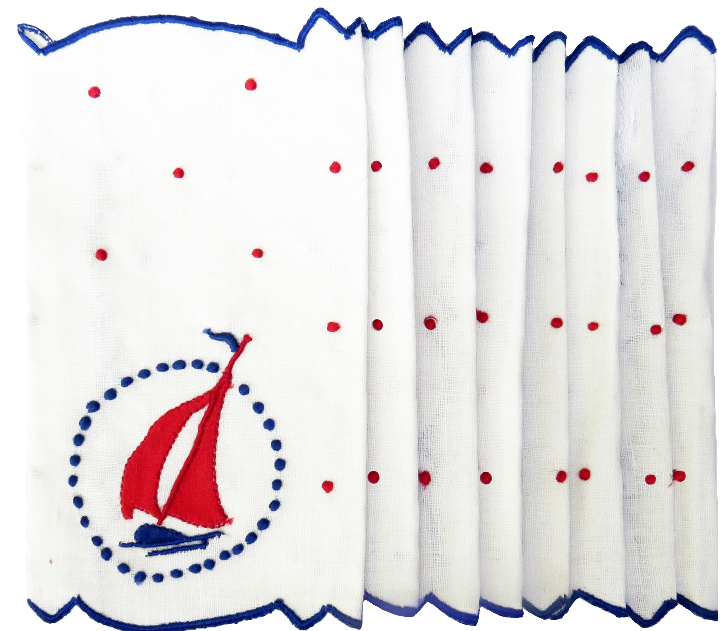 Vintage Nautical / Coastal / Beach Motif Red / White / Blue Sailboat Cocktail Napkins, Set of 8