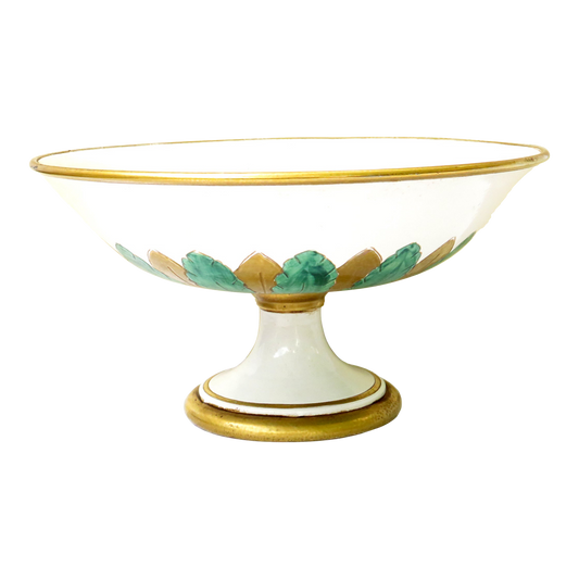 1950s Ugo Zaccagnini Italian Green & Gilt Porcelain Footed Compote / Tazza