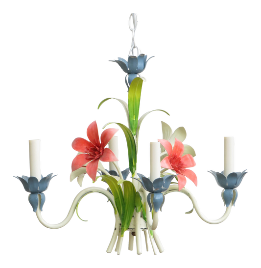 1970s Italian Blue & Pink Floral Tole Chandelier
