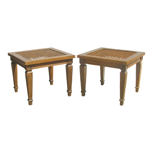 1970s Regency Style Wood & Cane Accent Tables, Pair