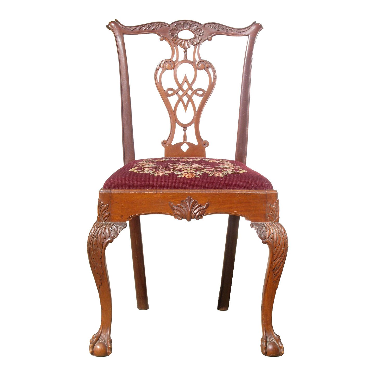 19th C. Antique English Chippendale Ball & Claw / Needlepoint Accent Chair