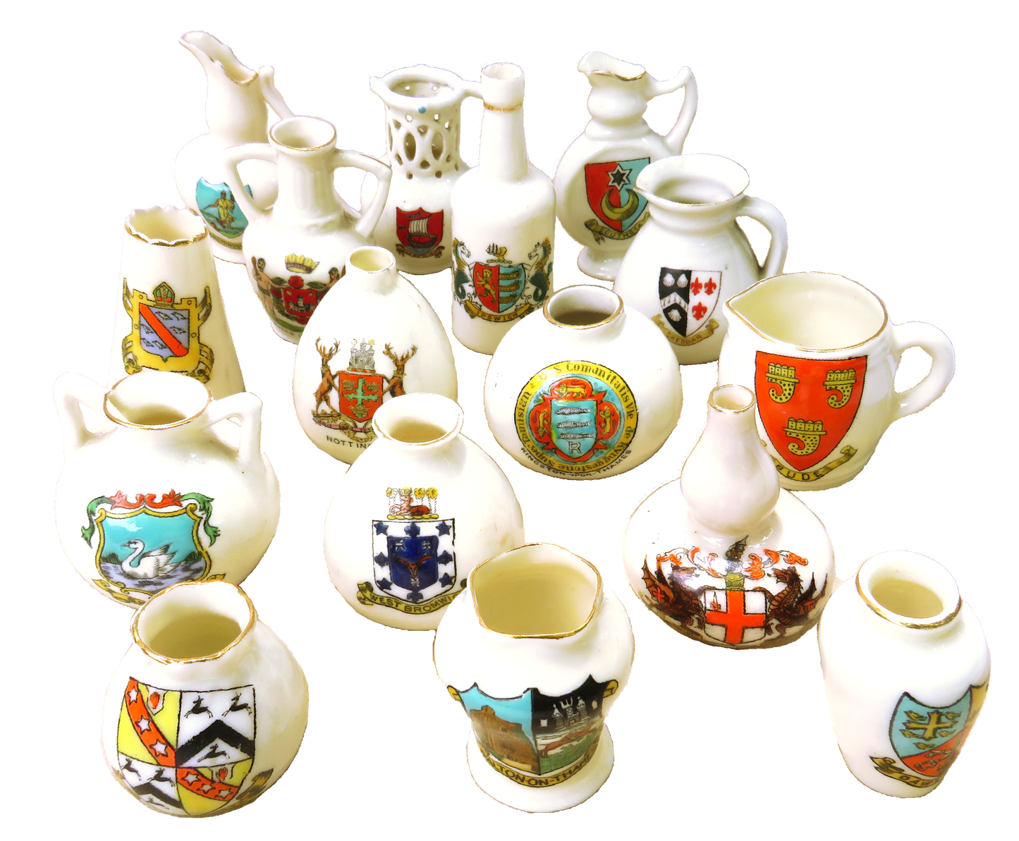 Antique English Heraldic / Crested Ware Staffordshire Miniature Porcelain Collection, Set of 16