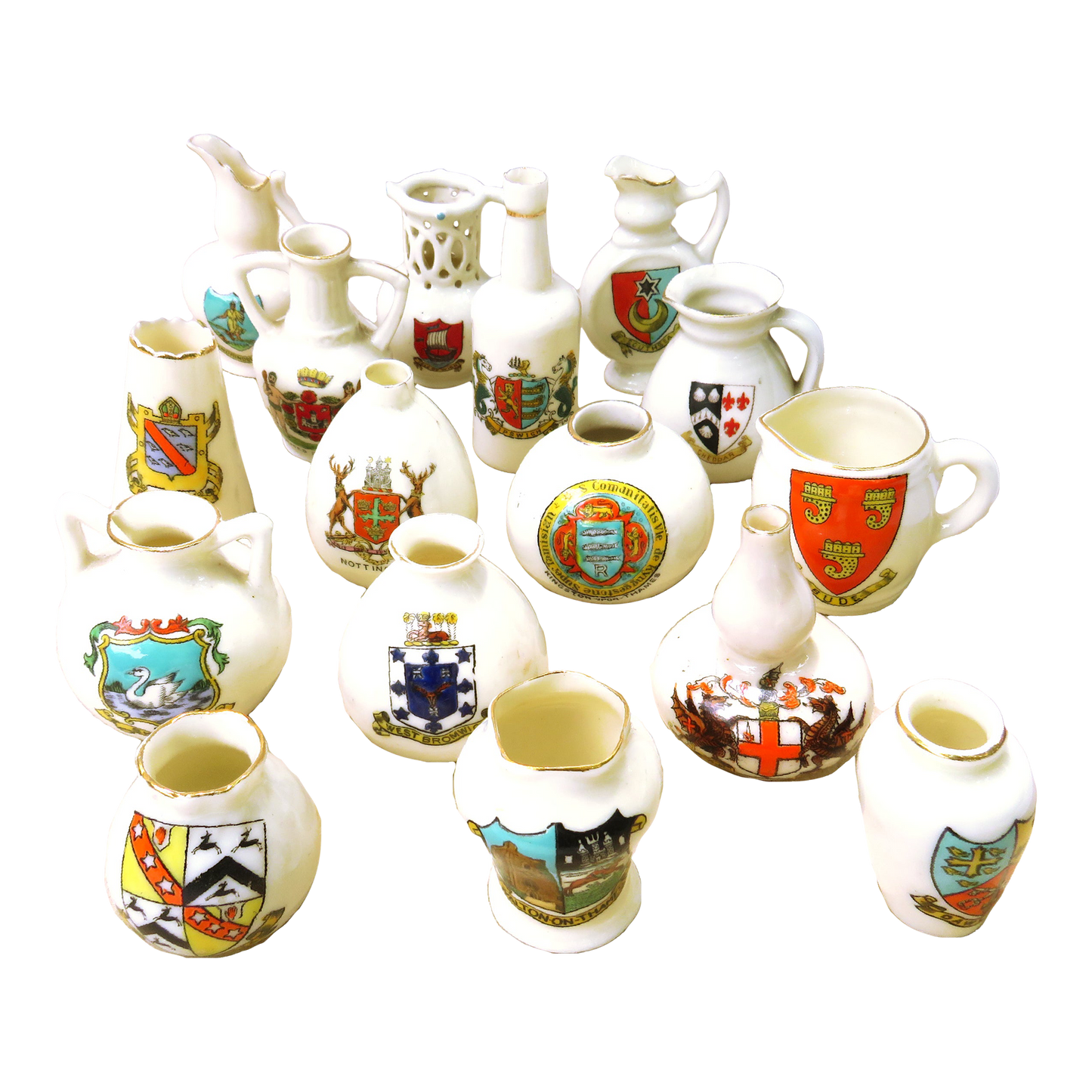 Antique English Heraldic / Crested Ware Staffordshire Miniature Porcelain Collection, Set of 16