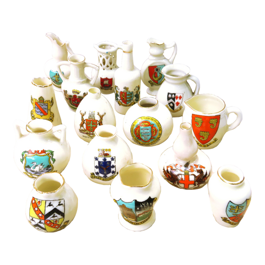 Antique English Heraldic / Crested Ware Staffordshire Miniature Porcelain Collection, Set of 16