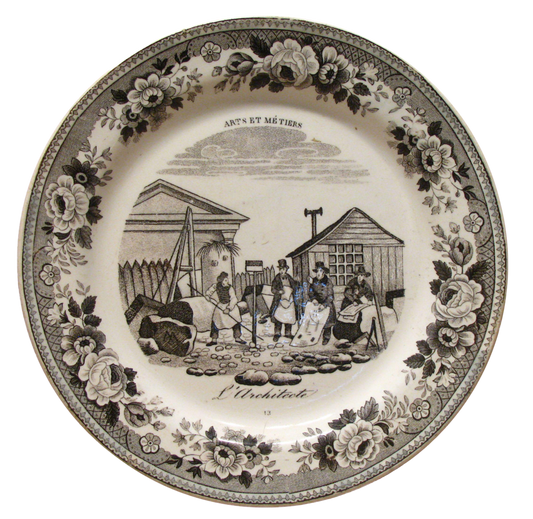 Antique French Architecture Black & White Transferware Plate