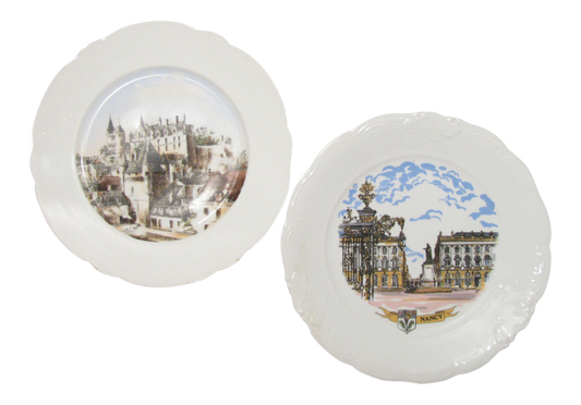 Antique French Chateaux Transferware Plates - a Pair