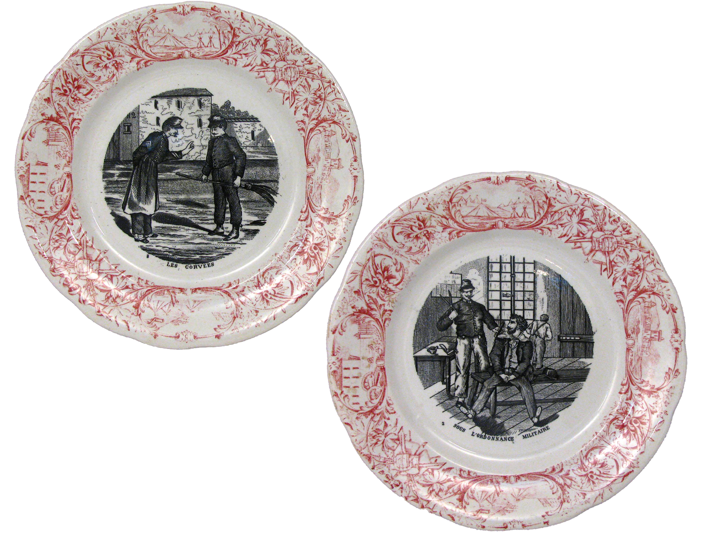 Antique French Red & White Transferware Plates, C. 1870 - a Pair