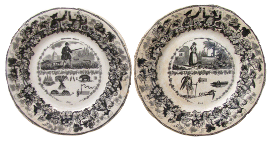 Antique French Creil & Montereau Transferware Rebus / Puzzle or Riddle Plates, Pair