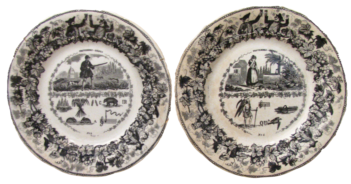 Antique French Creil & Montereau Transferware Rebus / Puzzle or Riddle Plates, Pair