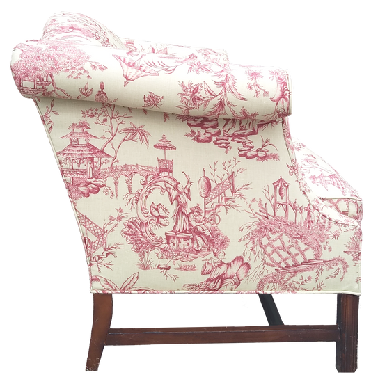 Chippendale Camelback Loveseat W/ New Vervain Chinoiserie Linen Toile Upholstery