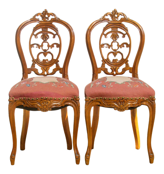 Early 20thC Carved Wood & Needlepoint Balloon Back Chairs, Pair