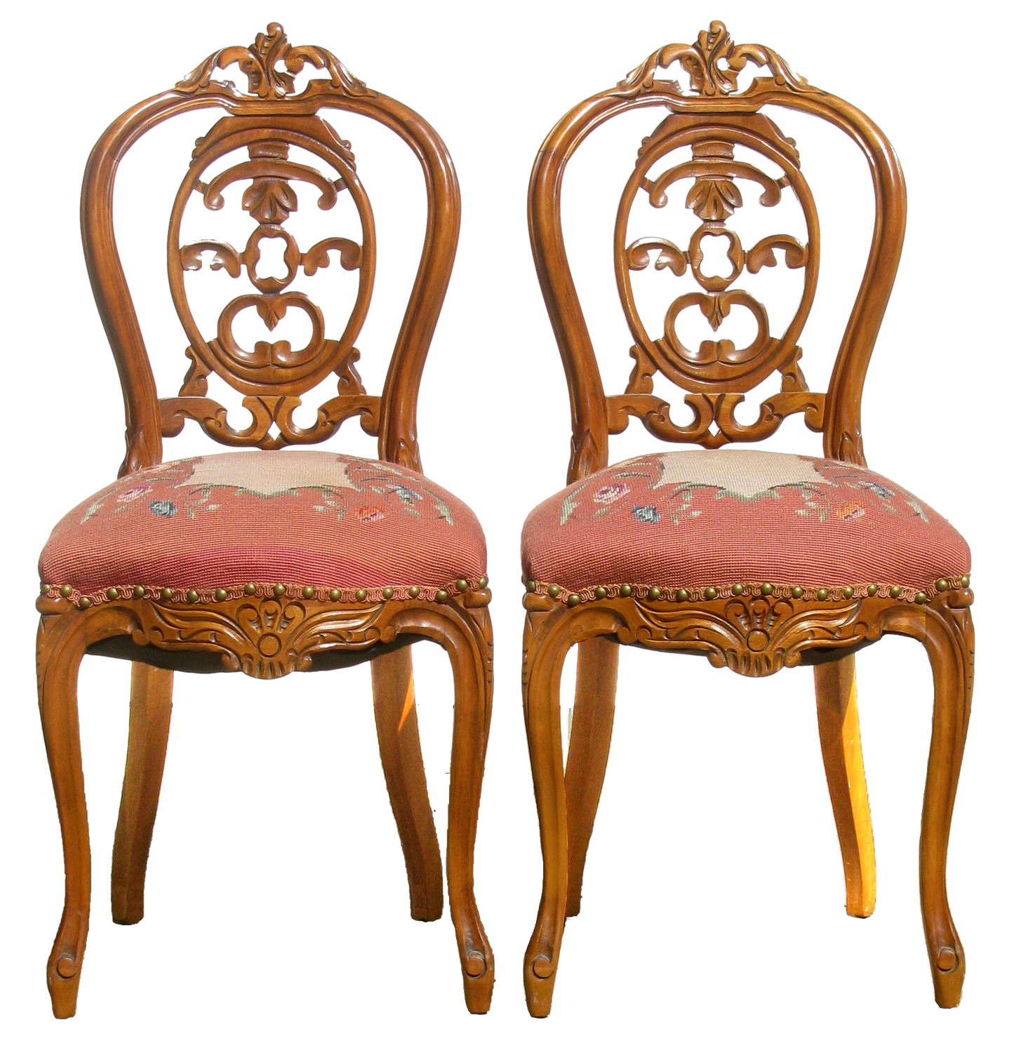 Early 20thC Carved Wood & Needlepoint Balloon Back Chairs, Pair