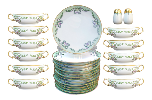 French Art Nouveau Porcelain Salad Plate & Soup Bowl Set , Set of 27