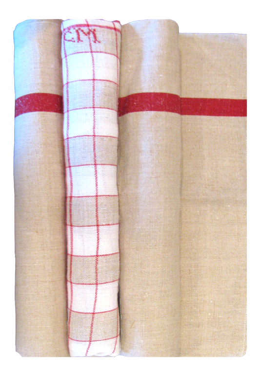 French Red & Taupe Linen Monogrammed Torchons, S/3