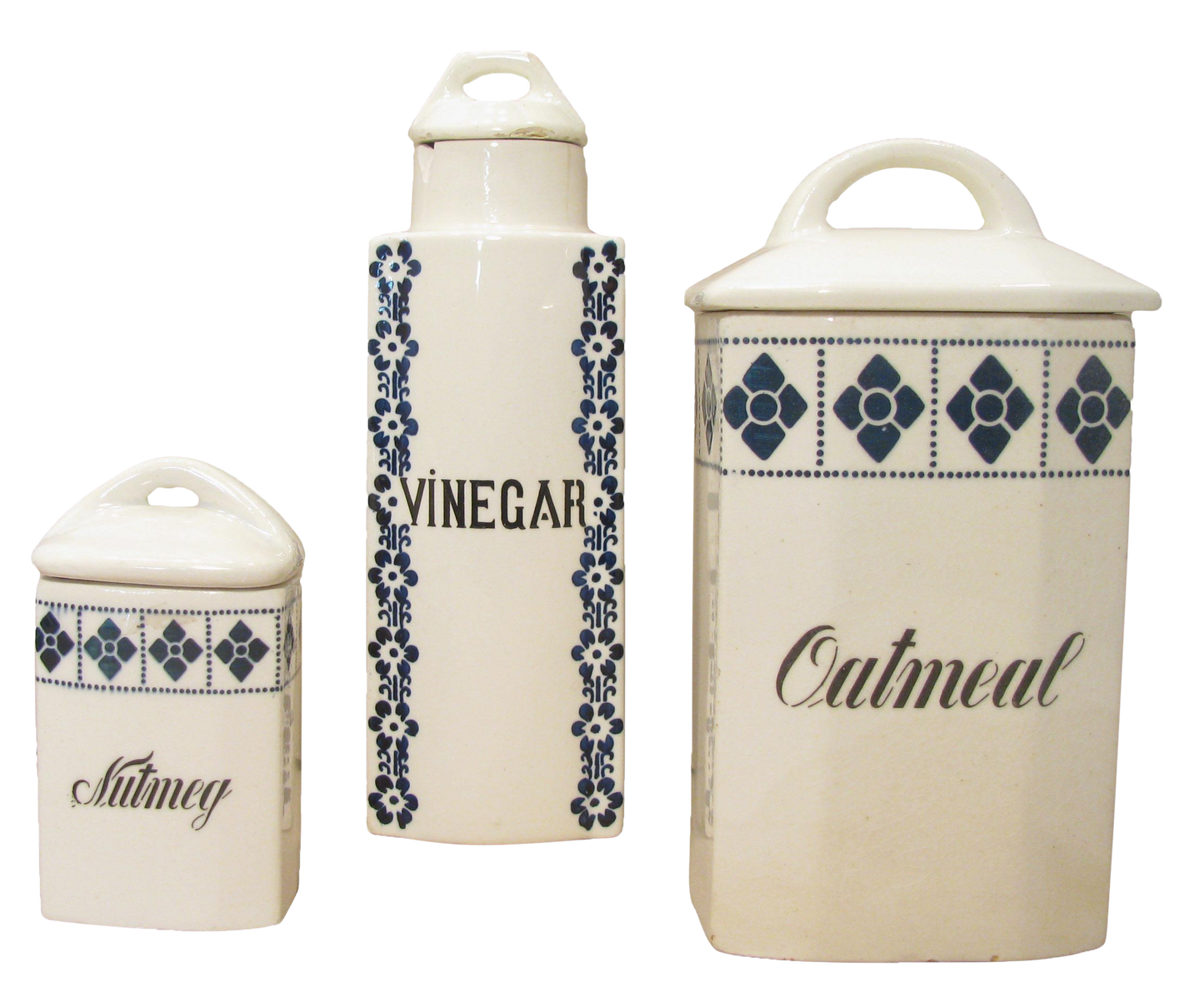 German Art Deco Blue & White Ironstone Canisters, S/3