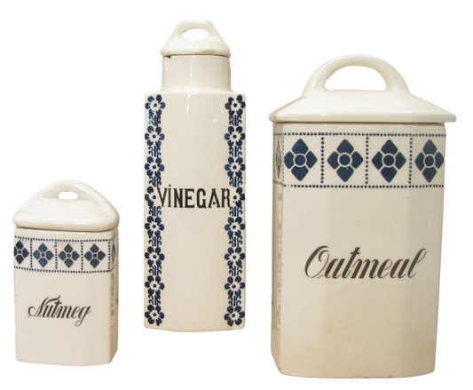 German Art Deco Blue & White Ironstone Canisters, S/3