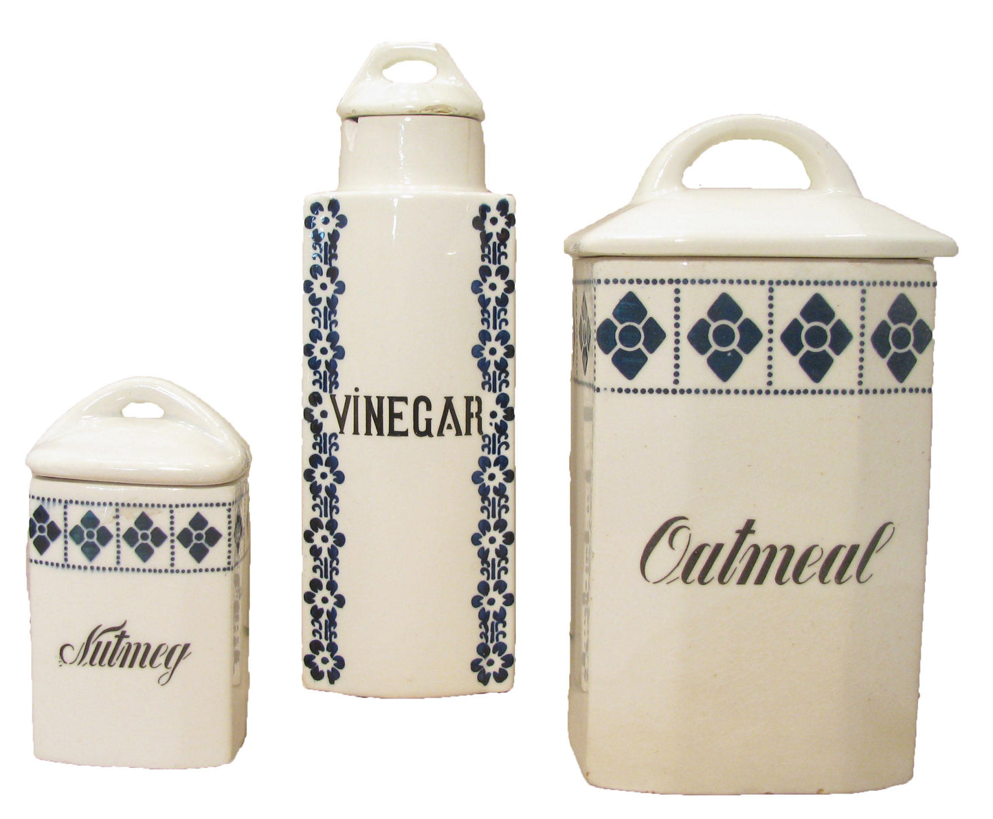 German Art Deco Blue & White Ironstone Canisters, S/3