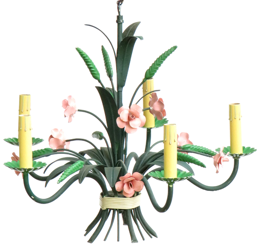 1970s Italian Green & Pink Tole Chandelier
